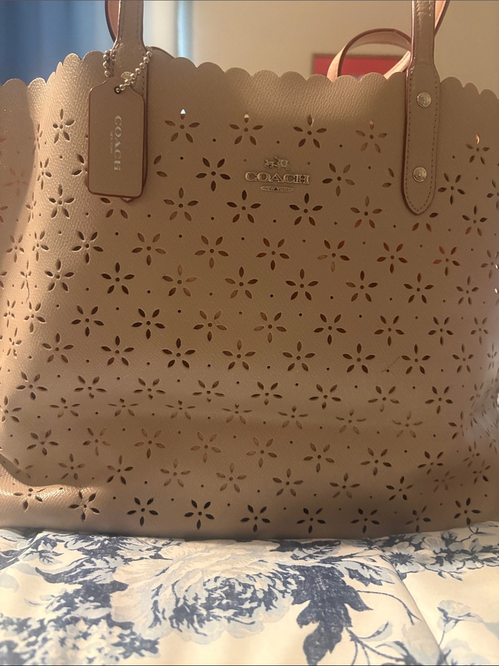 Coach Pale Pink Laser-Cut Floral Tote